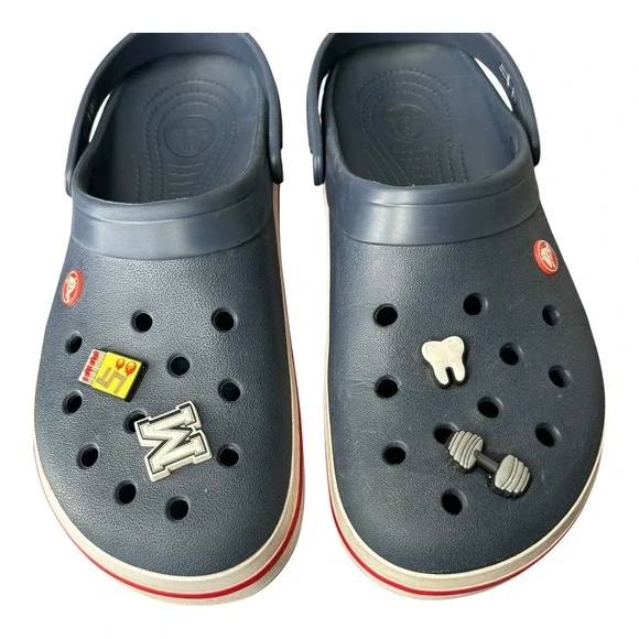 Crocs Mens Classic Clog Navy Blue Red White Accents‎ Jibbitz Size M 13 - Picture 9 of 11